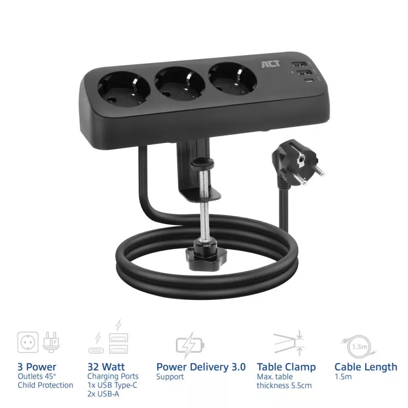 ACT laua pikendusjuhe, 3x pistikupesa tüüp F, 30 W Power Delivery, USB USB-C/A pordid, kaabli pikkus 1,5 m
