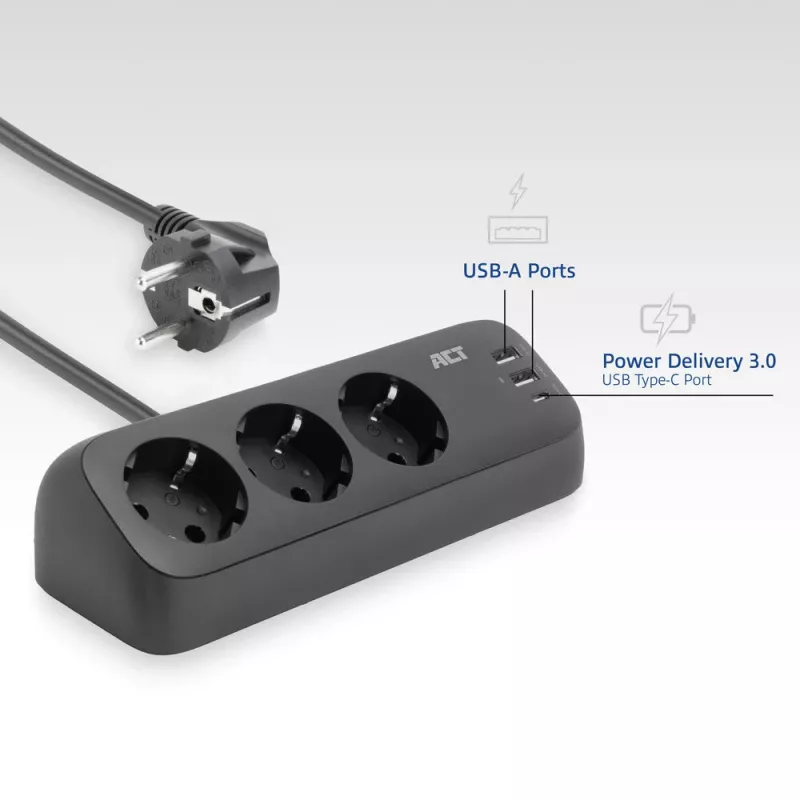 ACT laua pikendusjuhe, 3x pistikupesa tüüp F, 30 W Power Delivery, USB USB-C/A pordid, kaabli pikkus 1,5 m