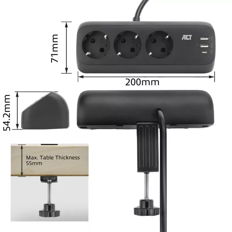 ACT laua pikendusjuhe, 3x pistikupesa tüüp F, 30 W Power Delivery, USB USB-C/A pordid, kaabli pikkus 1,5 m