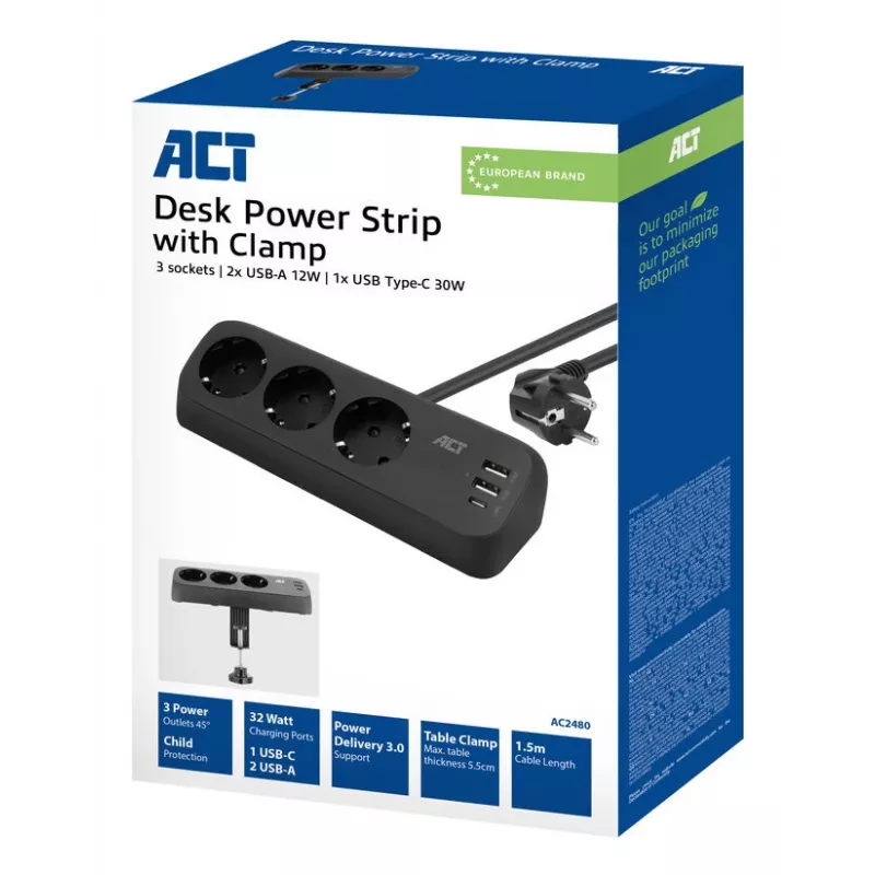 ACT laua pikendusjuhe, 3x pistikupesa tüüp F, 30 W Power Delivery, USB USB-C/A pordid, kaabli pikkus 1,5 m