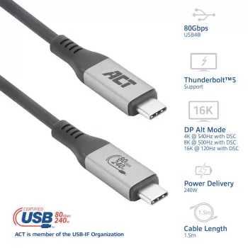 ACT USB4 80Gbps Thunderbolt 5 kaabel 240W USB USB-C, USB-IF sertifitseeritud, 1,5 meetrit