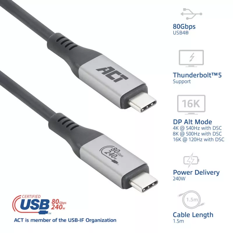 ACT USB4 80Gbps Thunderbolt 5 kaabel 240W USB USB-C, USB-IF sertifitseeritud, 1,5 meetrit