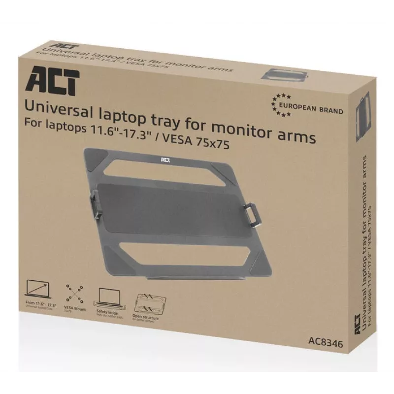 ACT universaalne sülearvutialus monitorivarredele, Must, Teras, 29,5 cm (11,6 tolli), 43,9 cm (17,3 tolli), 9 kg, 75 x 75 mm
