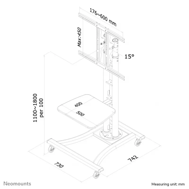 Neomounts PLASMA-M1800E TV-käru 27-70 tolli, hõbedane, teisaldatav põrandastatiiv, teras, 50 kg, 68,6 cm (27 tolli), 177,8 cm (70 tolli)
