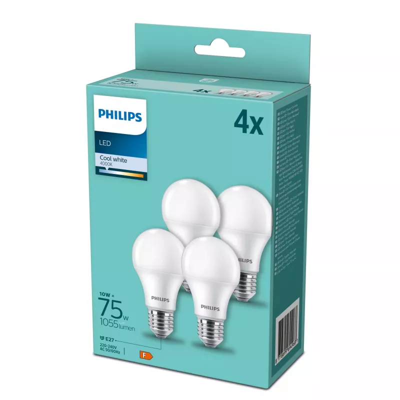 Philips LED-lamp E27 4-pakk, 75 W ekvivalent, 4000 K