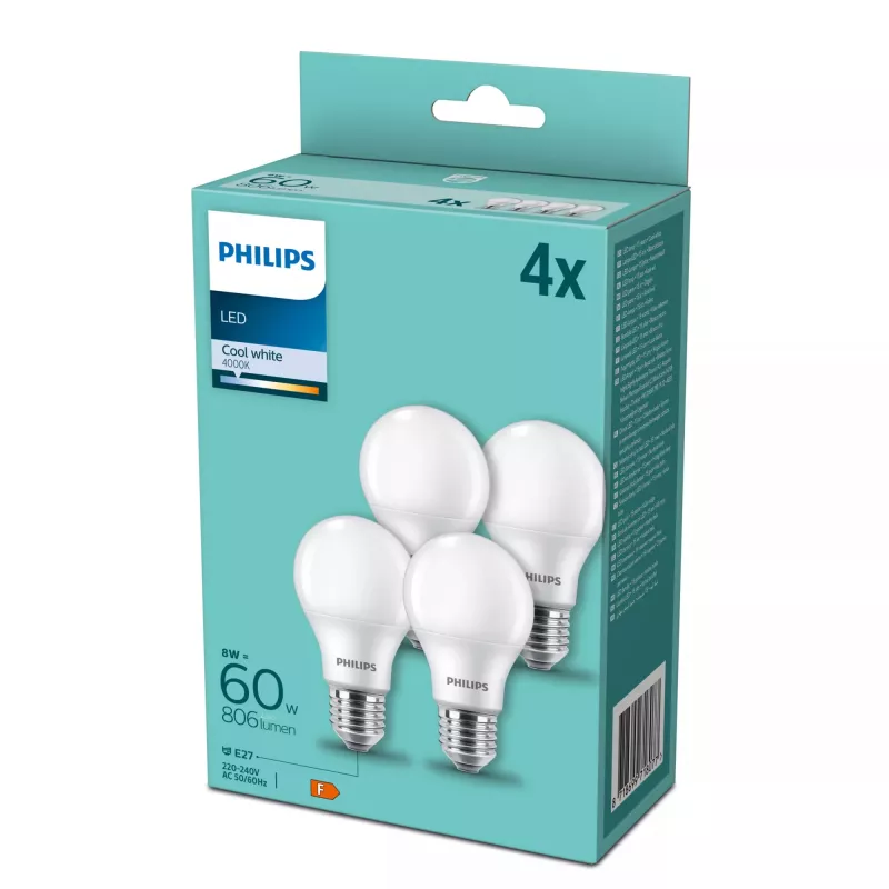 LED lamp Philips E27 60W 4000K, 4-pack — E27 alus, 4000K neutraalvalge