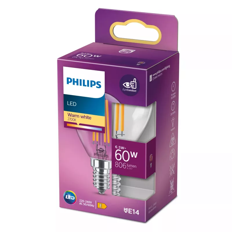 Philips Filament Candle Clear 60W P45 E14 6,5 W Soe valge 806 lm