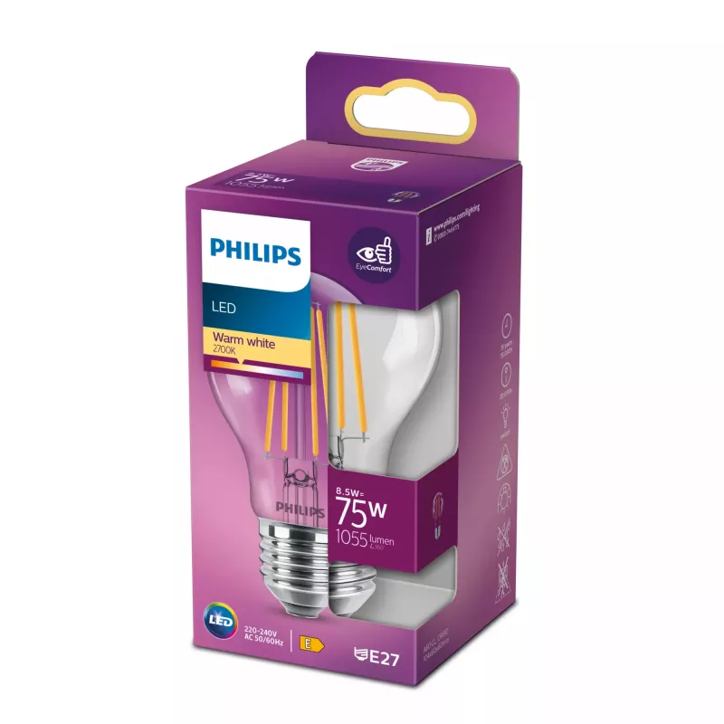 Philips hõõgniidiga pirn Clear 75W A60 E27 8,5W soe valge 1055 lm