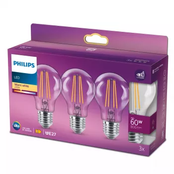 Philips Filament Bulb Clear 60W A60 E27 x3, 7 W, 60 W, E27, 806 lm, 15000 h, Soe valge
