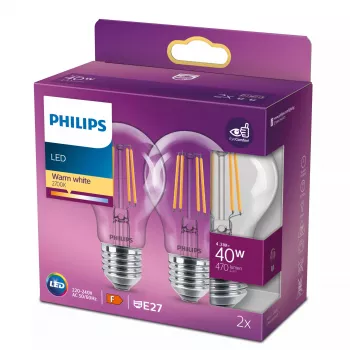 Philips Filament Bulb Clear 40W A60 E27 x2, 4,3 W, 40 W, E27, 470 lm, 15000 h, Soe valge