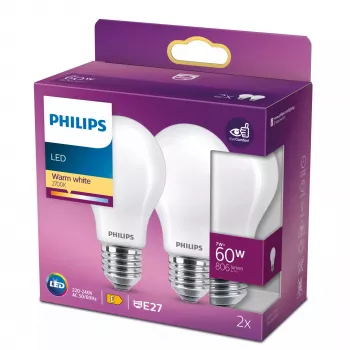 LED hõõgniidiga pirn Philips A60 E27 7W (samaväärne 60W), 2700K, 806 lm, matt — 2 tk pakend