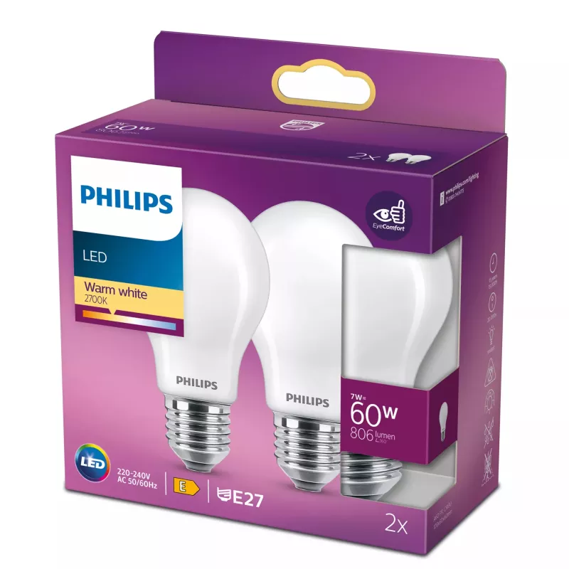 LED hõõgniidiga pirn Philips A60 E27 7W (samaväärne 60W), 2700K, 806 lm, matt — 2 tk pakend