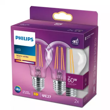 LED hõõgniidiga pirn Philips A60 7 W (võrdväärne 60 W) E27 läbipaistev 2700 K, 2 tk pakendis