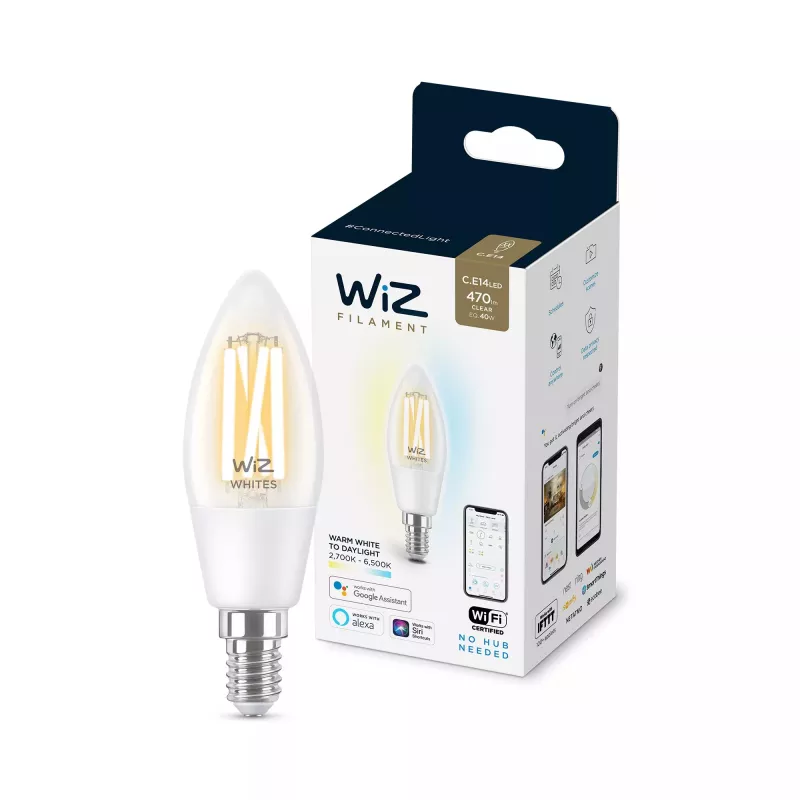 Nutipirn WiZ Filament Candle clear 4,9 W C35 E14 Wi‑Fi valge