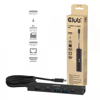 CLUB3D 7-1 USB-C–HDMI-jaotur — juhtmega, Gigabit Ethernet, must, 136×34×94,5 mm
