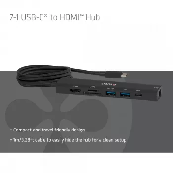 CLUB3D 7-1 USB-C–HDMI-jaotur — juhtmega, Gigabit Ethernet, must, 136×34×94,5 mm