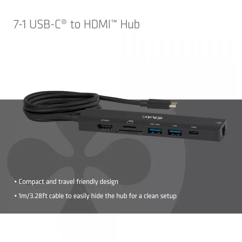 CLUB3D 7-1 USB-C–HDMI-jaotur — juhtmega, Gigabit Ethernet, must, 136×34×94,5 mm