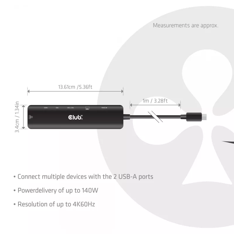 CLUB3D 7-1 USB-C–HDMI-jaotur — juhtmega, Gigabit Ethernet, must, 136×34×94,5 mm