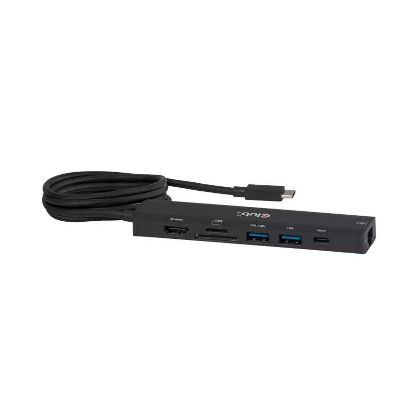 CLUB3D 7-1 USB-C–HDMI-jaotur — juhtmega, Gigabit Ethernet, must, 136×34×94,5 mm
