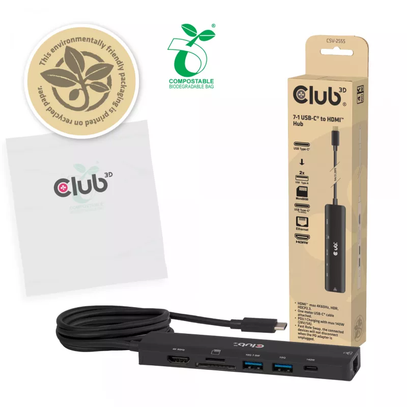 CLUB3D 7-1 USB-C–HDMI-jaotur — juhtmega, Gigabit Ethernet, must, 136×34×94,5 mm