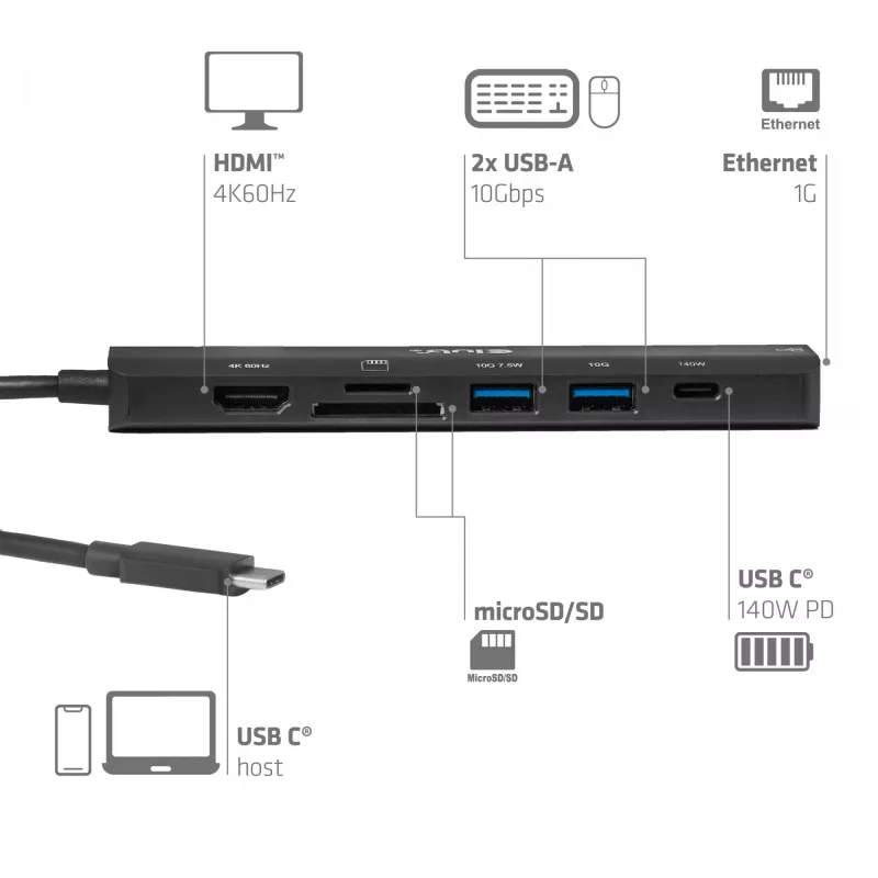 CLUB3D 7-1 USB-C–HDMI-jaotur — juhtmega, Gigabit Ethernet, must, 136×34×94,5 mm