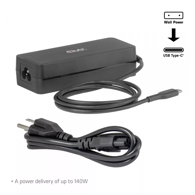 CLUB 3D USB-C sülearvuti laadija 140W, vahelduvvoolutoide, universaalne ühilduvus, 1 m kaabel, must