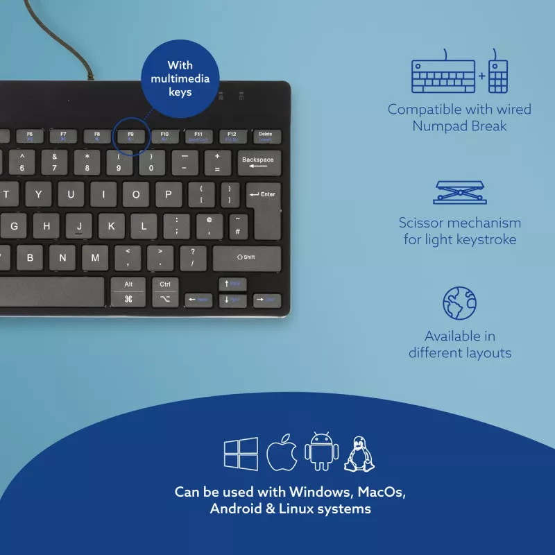 R-Go Tools Ergonoomiline klaviatuur R-Go Compact Break, kompaktne klaviatuur pausitarkvaraga, QWERTY (UK), juhtmega, must