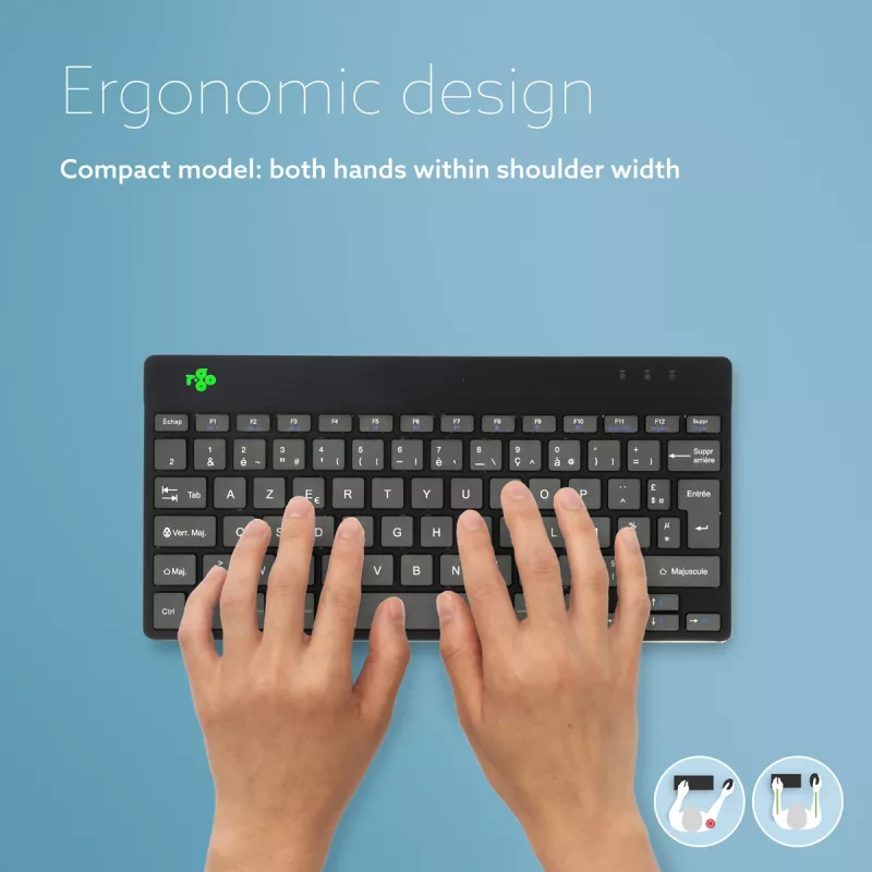 R-Go Tools Ergonoomiline klaviatuur R-Go Compact Break, kompaktne klaviatuur pausitarkvaraga, AZERTY (FR), Bluetooth, must