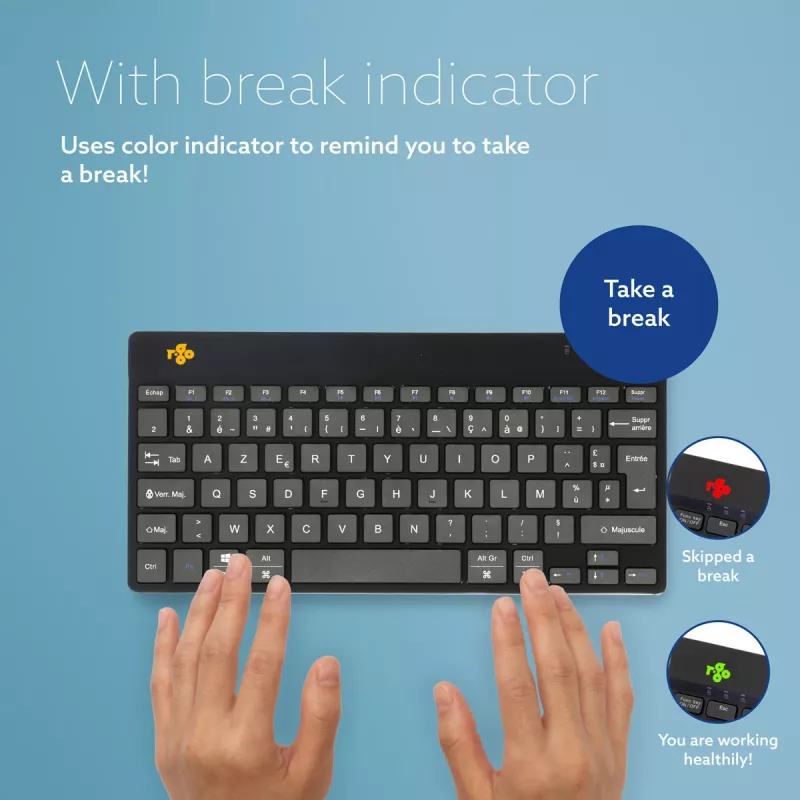 R-Go Tools Ergonoomiline klaviatuur R-Go Compact Break, kompaktne klaviatuur pausitarkvaraga, AZERTY (FR), Bluetooth, must