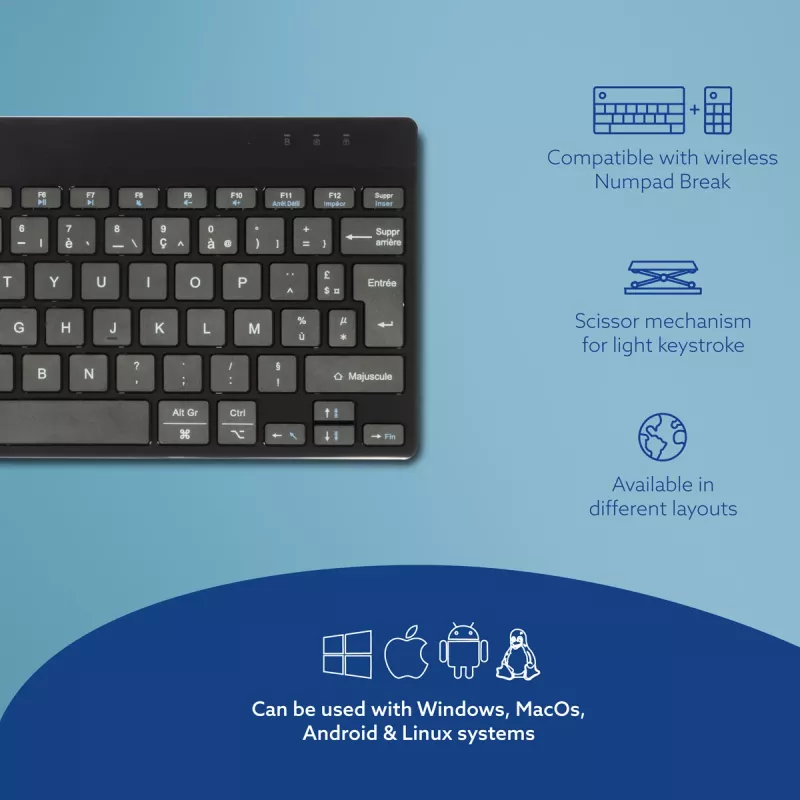 R-Go Tools Ergonoomiline klaviatuur R-Go Compact Break, kompaktne klaviatuur pausitarkvaraga, AZERTY (FR), Bluetooth, must