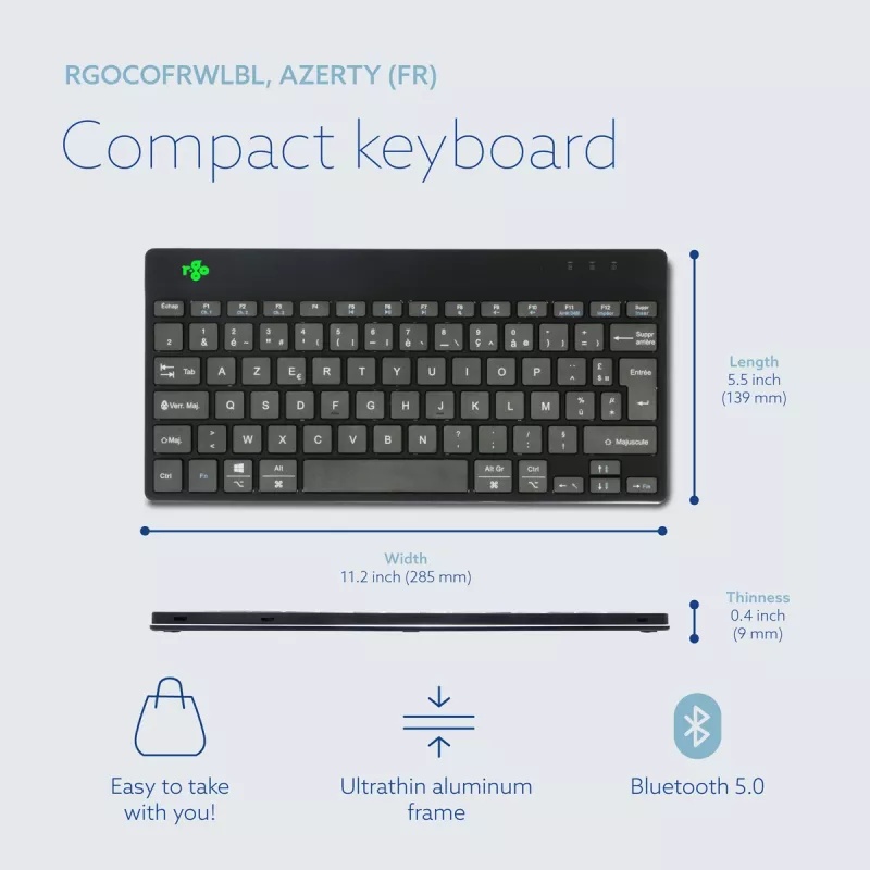 R-Go Tools Ergonoomiline klaviatuur R-Go Compact Break, kompaktne klaviatuur pausitarkvaraga, AZERTY (FR), Bluetooth, must