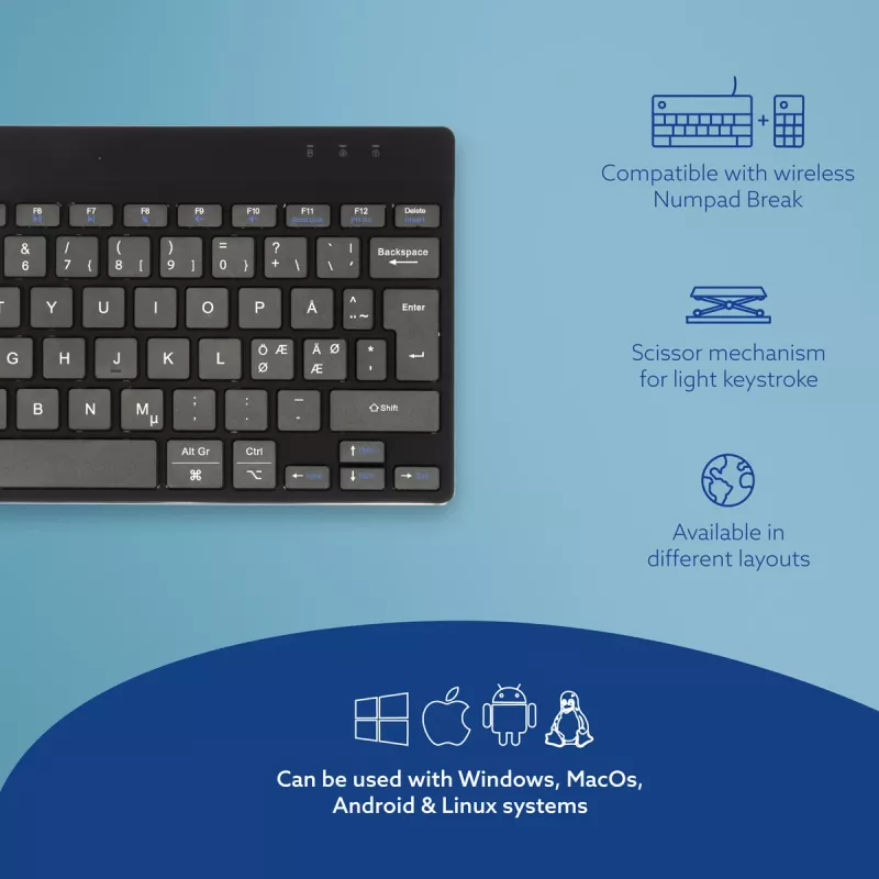 R-Go Tools Ergonoomiline klaviatuur R-Go Compact Break, kompaktne klaviatuur puhketarkvaraga, QWERTY (Põhjamaade), Bluetooth, must