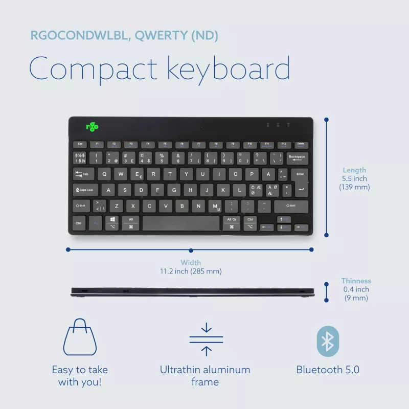 R-Go Tools Ergonoomiline klaviatuur R-Go Compact Break, kompaktne klaviatuur puhketarkvaraga, QWERTY (Põhjamaade), Bluetooth, must