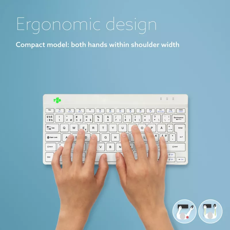R-Go Tools Ergonoomiline klaviatuur R-Go Compact Break, kompaktne klaviatuur pausitarkvaraga, QWERTY (NORDIC), Bluetooth, valge
