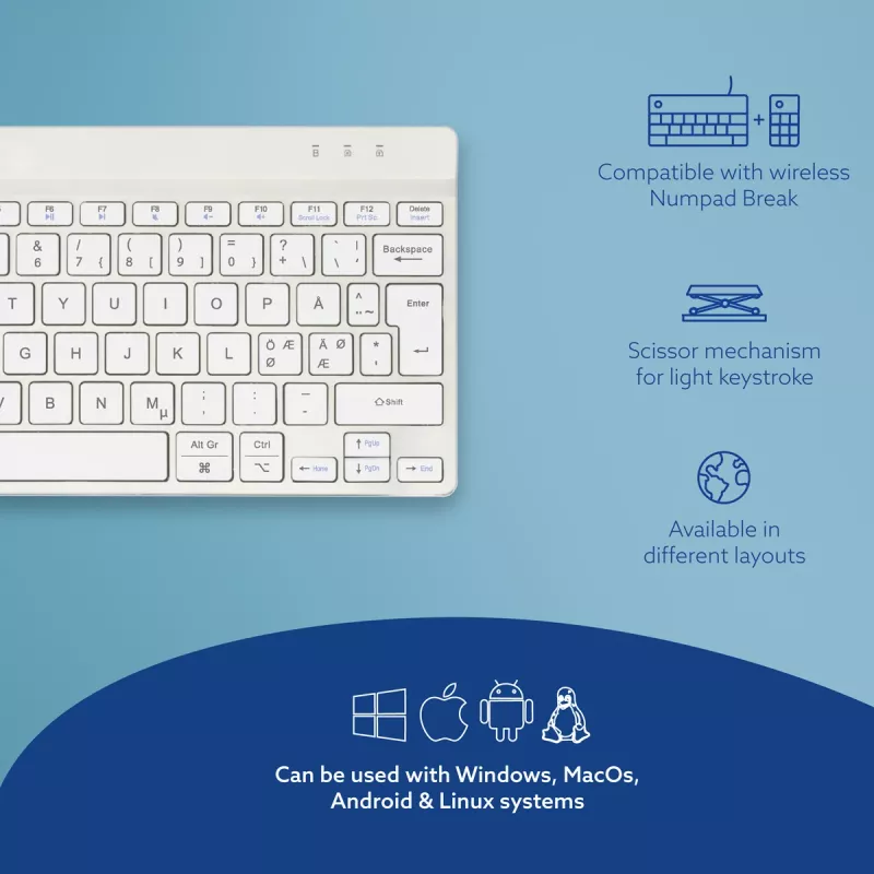 R-Go Tools Ergonoomiline klaviatuur R-Go Compact Break, kompaktne klaviatuur pausitarkvaraga, QWERTY (NORDIC), Bluetooth, valge