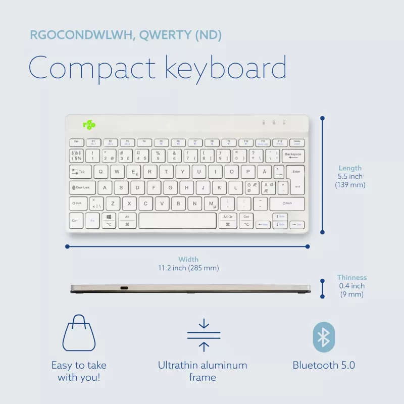 R-Go Tools Ergonoomiline klaviatuur R-Go Compact Break, kompaktne klaviatuur pausitarkvaraga, QWERTY (NORDIC), Bluetooth, valge