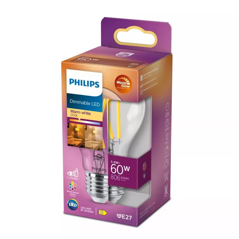 Philips hõõgniidiga pirn, läbipaistev, 60 W, A60, E27, 5,9 W, 60 W, E27, 806 lm, 15000 h, soe kuma