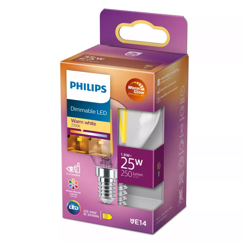 Philips Filament Candle Clear 25W P45 E14, 2,5 W, 25 W, E14, 340 lm, 15000 h, Soe kuma