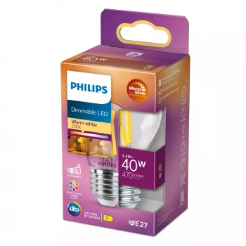 LED filament küünlakujuline pirn Philips Filament Candle Clear 3,4 W (470 lm) P45 E27, soe kuma, CRI 90