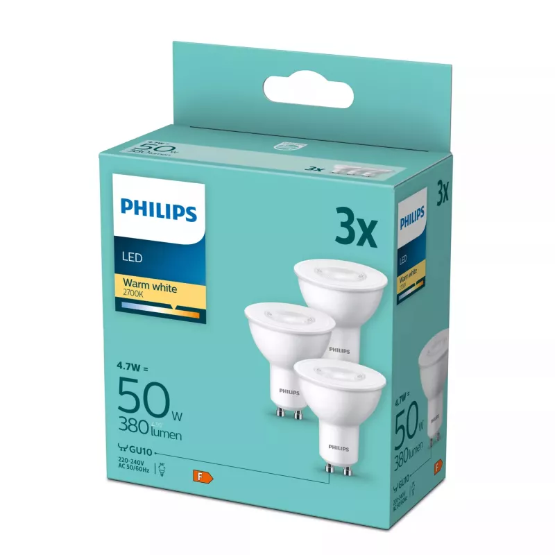 Philips Spot 50W PAR16 GU10 x3 4,7W Soe valge 380lm 15000h