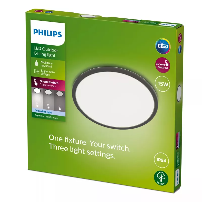 Pealvalgusti Philips Superslim 15W LED, 4000K, IP54, 250×250 mm, Must/Valge