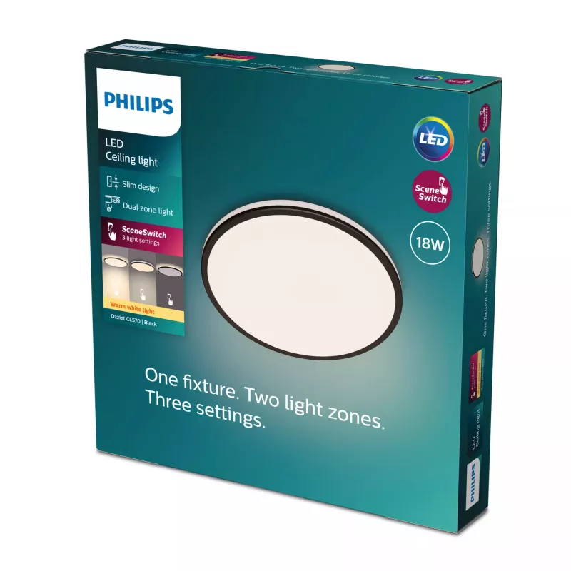 Laelamp Philips Functional Ozziet 18 W LED, ümmargune, must, mittevahetatav pirn, 220–240 V