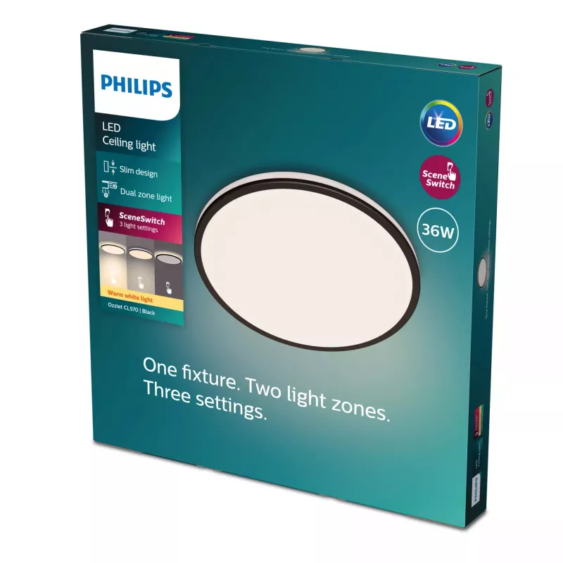 Laelamp Philips Ozziet 36 W LED, ümmargune 500×55 mm, must, mittevahetatav LED-moodul