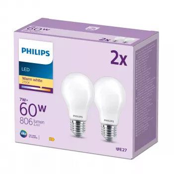 Philips Filament Bulb Frosted 60W A60 E27 x2, 7 W, 60 W, E27, 806 lm, 15000 h, Soe valge