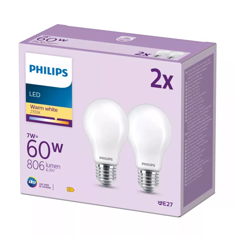 Philips Filament Bulb Frosted 60W A60 E27 x2, 7 W, 60 W, E27, 806 lm, 15000 h, Soe valge
