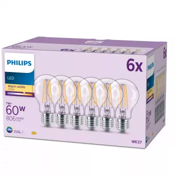 Philips Filament Pirn Frosted 60W A60 E27 x6, 7 W, 60 W, E27, 806 lm, 15000 h, Soe valge