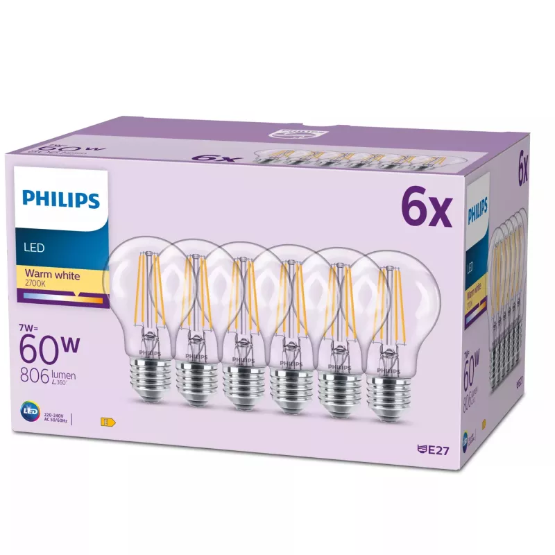 Philips Filament Pirn Frosted 60W A60 E27 x6, 7 W, 60 W, E27, 806 lm, 15000 h, Soe valge