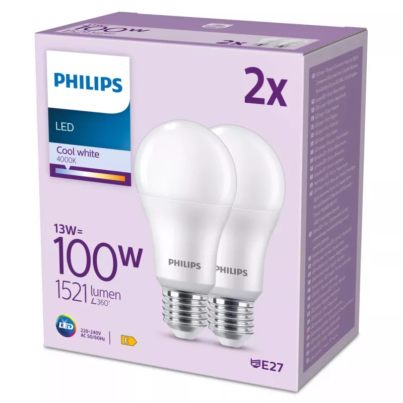Philips Bulb 100W A67 E27 x2, 13 W, 100 W, E27, 1521 lm, 15000 h, Cool Valge