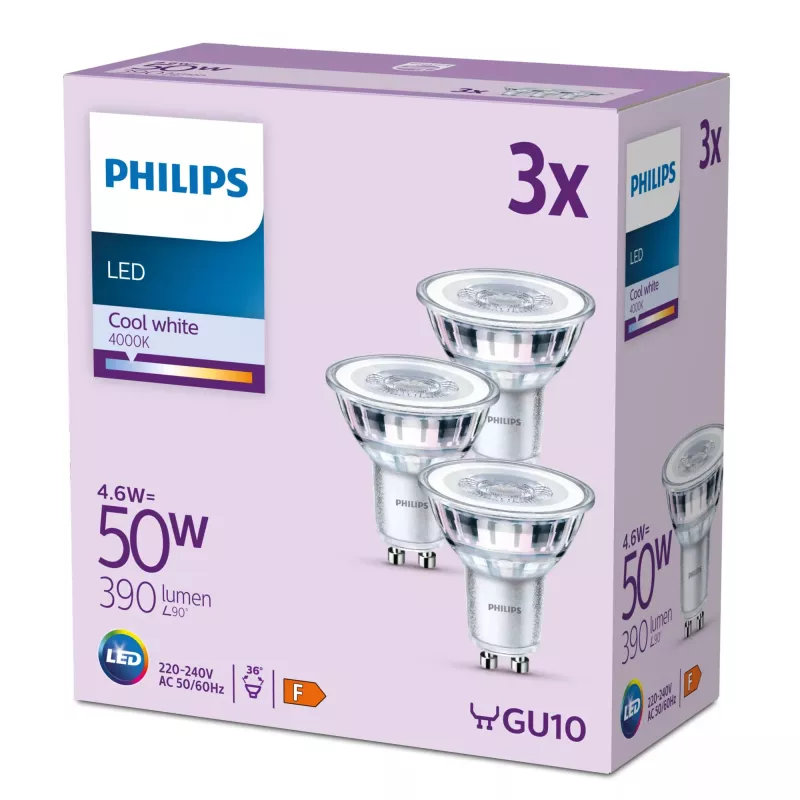 Philips Spot 50W PAR16 GU10 x3, 4,6 W, 50 W, GU10, 390 lm, 15 000 h, Jahe valge