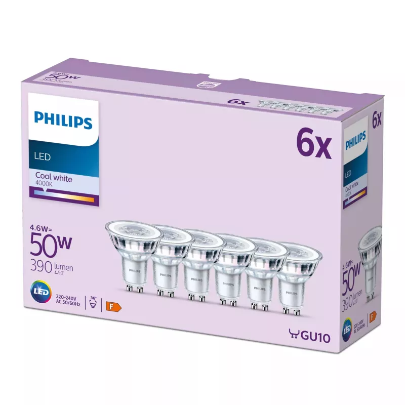 Philips Spot 50W PAR16 GU10 x6, 4,6 W, 50 W, GU10, 390 lm, 15 000 h, Jahe valge